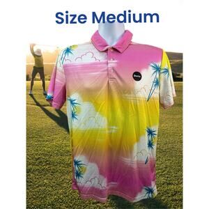 Duvin Polo Shirt mens Medium Golf palm trees hawaiian camp beach floral Pink